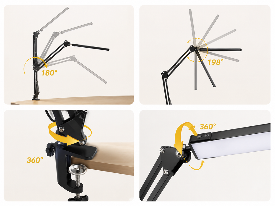 Folds flat. Opens to any angle. Clamps to any desk.