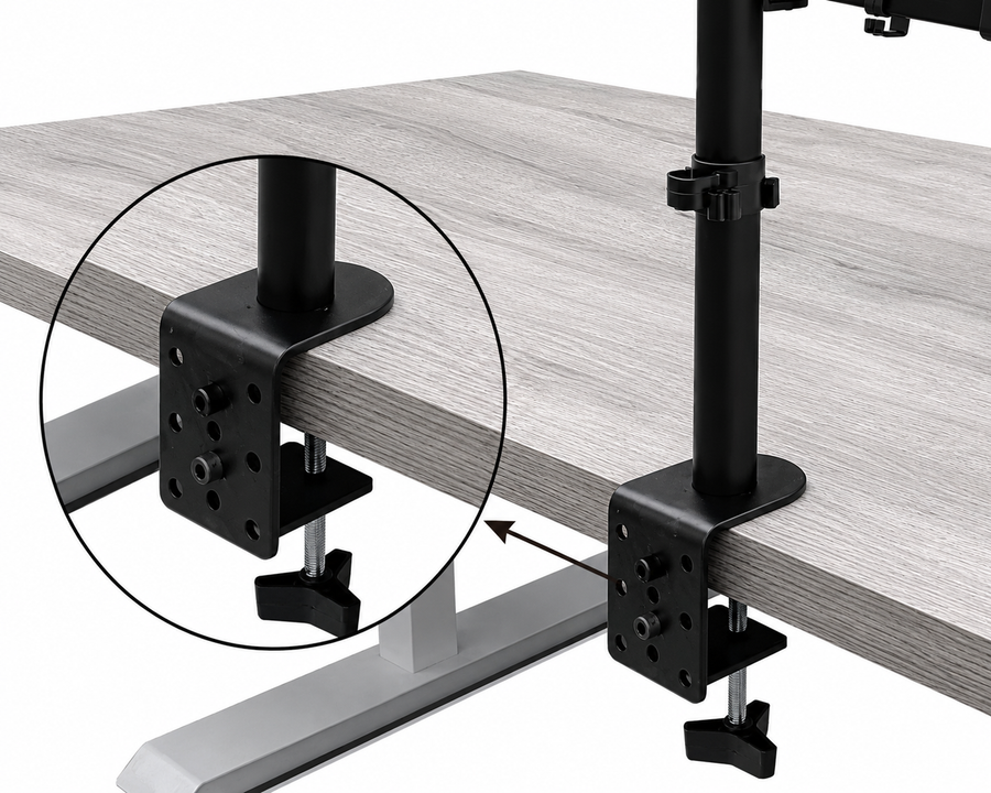 Clamps to the desk. Goes nowhere.